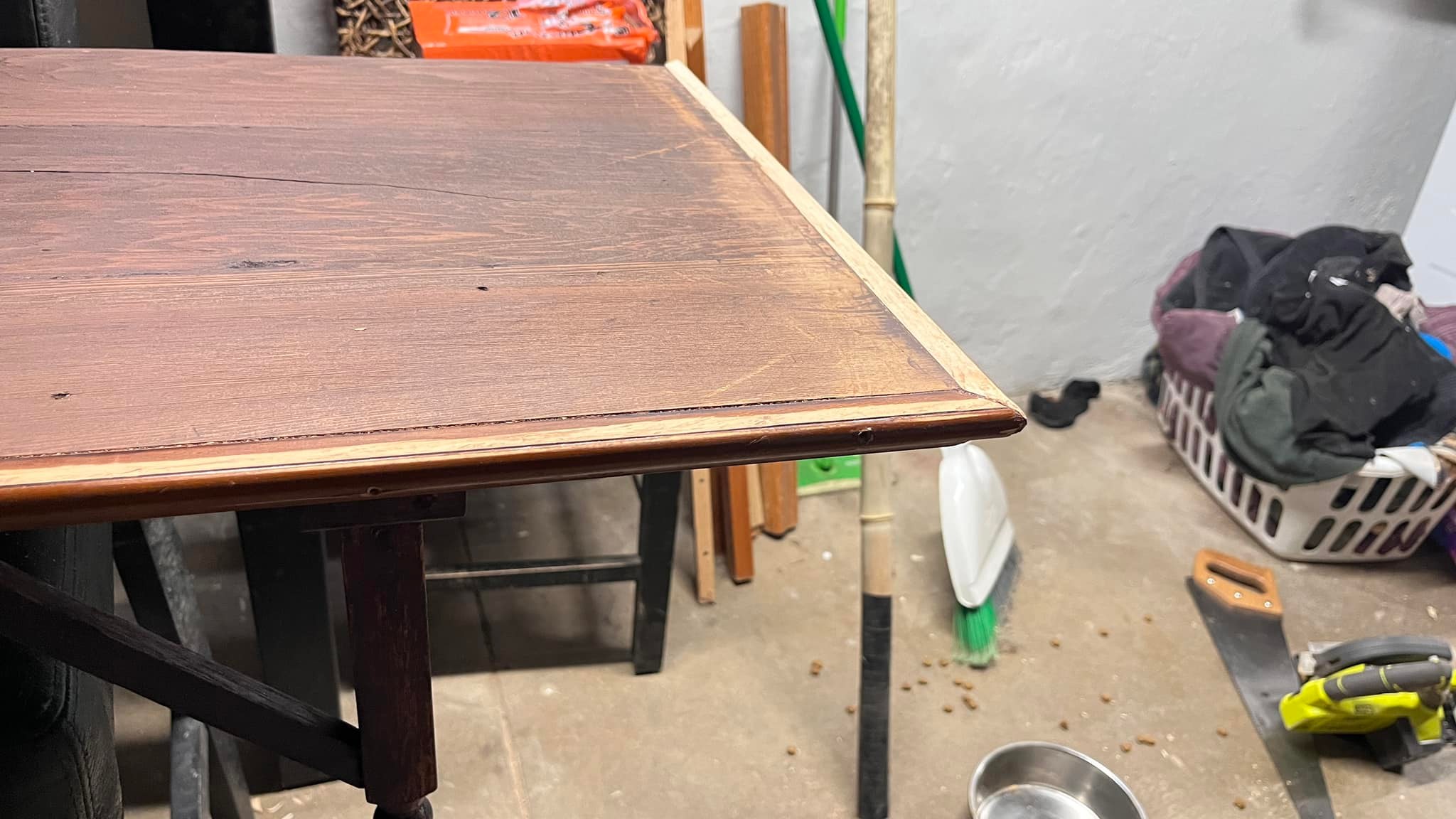 A tabletop being worked on in a small workshop